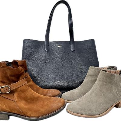 Paul Green Suede Belted Biker Ankle Boot (9) - Joie Suede Ankle Boot (9.5)- and Tobs Black Pebbled Leather Tote Bag