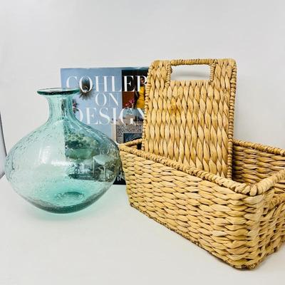 Home Decor Lot -Large Coffee Table Book by Eric Cohler Decorative Glass Vase, and Basket