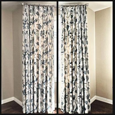  Elegant Floral Print Custom Curtain Panels in Blue and Cream Tones- 102”tall / 102" wide