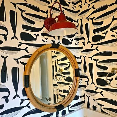  Serena & Lily Montara Rattan Round Mirror plus Cute Red Wall Light Above