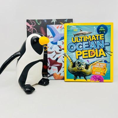  Zuny, African Faux Leather Penguin bookend- & Ocean and Nature Book Lot