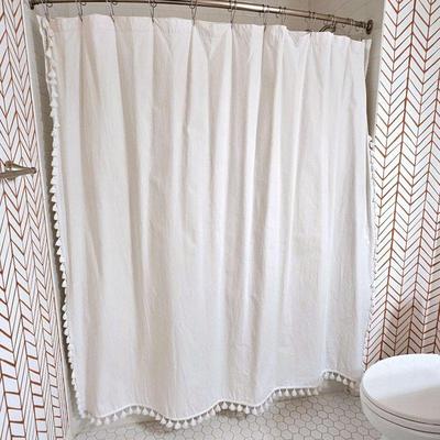 White Cotton Shower Curtain by Serena & Lily - Fun Tassel Trim!