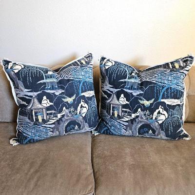  Set of Two Large Throw Pillows 24" Square - Down Filled - With Asian Inspired Print on Linen Fabric