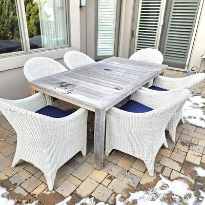 Kingsley Bate Teak Outdoor Patio Dining Table and Six Chairs in an All-Weather White Wicker
