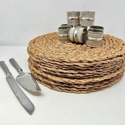 12 Woven Placemats, 8 Silver Napkin Rings, and Lennox Serving Utensils for crate & Barrel