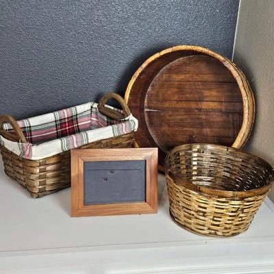  Wood Lovers Lot- Large Rustic Wood Bowl, Wood Thomas O'Brien Frame and Decorative Baskets