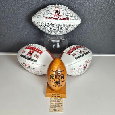  Nebraska Huskers Fans Lot! Three Footballs Plus Wood Laser Carved Football "5 time Champs" Limited Edition