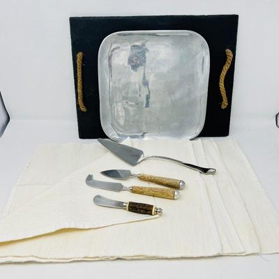Nambe Alloy Metal Square Serving Platter, Oven Safe – 11 Inch and Slate Rock Cheese Serving Set