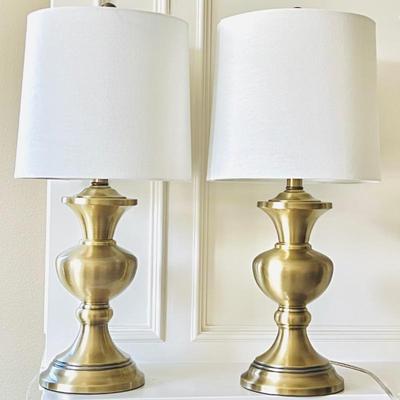 24” Pair of Brass Tone Table Lamps with White Shades.