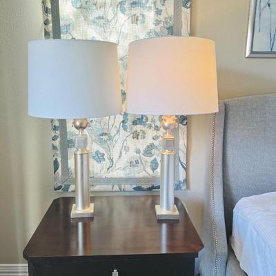 Set of Two Robert Abbey Designer Table Lamps in Matte Gold Tone and White Shades - 36