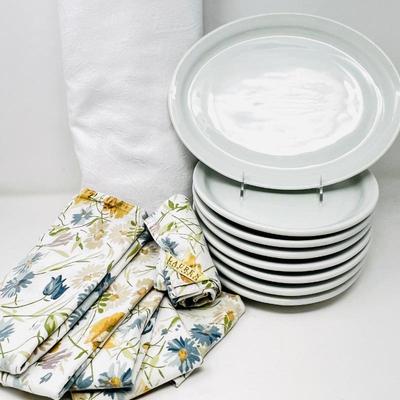 Eight Oval Dinner Plates with Ralph Lauren Floral Napkins and White Textured Tablecloth