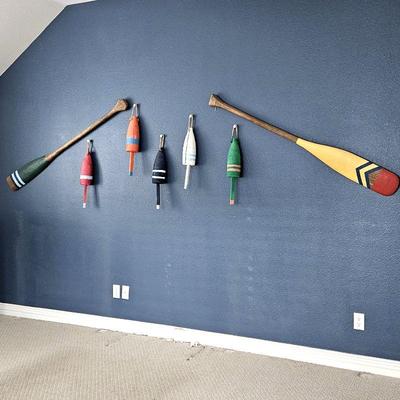 Nautical Wall Decor-  Fun Boating Decor in Bright Colors - Five Fishing Buoys and Two Painted Wooden Oars