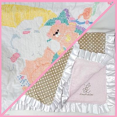  Baby Blanket Lot - Luxury Lincoln and Lexi Blanket & Burping Cloth Set and Lovely Handmade Cross Stitch Quilt