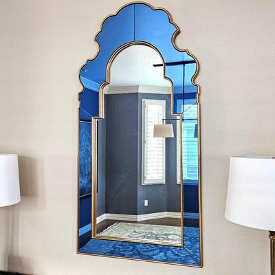  Designer Bunny Williams Sapphire Blue Handcrafted Wall Mirror in Gilded Wood Frame 27" x 54" Tall