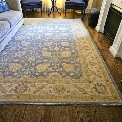 Hand Made Wool Rug in Beige and Blues - 11.5ft  x 9ft