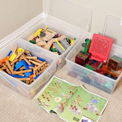 Three Tubs of Fun!  Lincoln Logs, Wooden Train Tracks & Magna Tiles