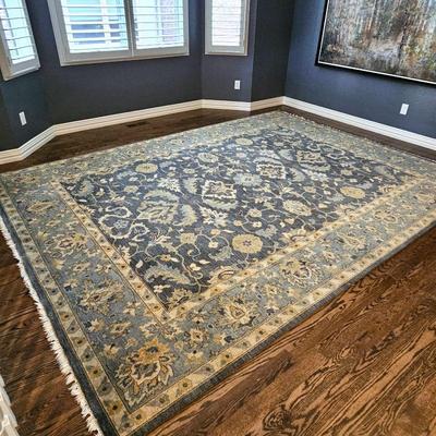 Large Hand Made Wool Area Rug in Teals, Grays, & Beiges - 12ft 2" x 9ft