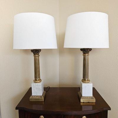  Set of Two Vintage Marble and Brass Table Lamps with White Linen Shades