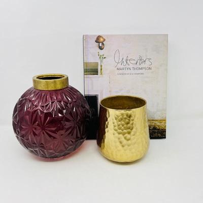 Decorative Home Accents Lot - Ruby Glass Vase, Gold Hammered Candle Holder & Interior Design Book Martyn Thompson