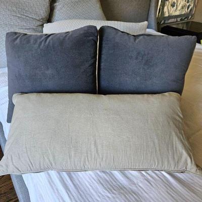 Lot of Three Down Filled Throw Pillows - Dark Gray Velour and Cream Linen Lumbar