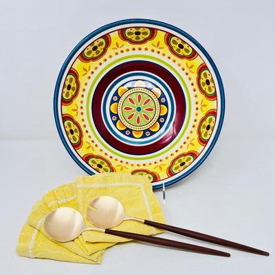  Pier One Colorful Serving Bowl w/ Cutipol Serving Utensils and Sweet Yellow Napkins.