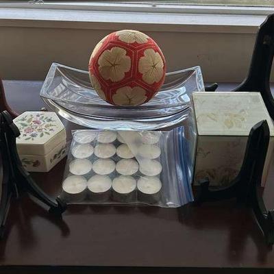 WWT060- Wooden Plate Stands, Trinket Boxes, Candles, And Ball