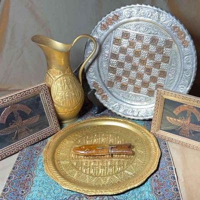 Persian faravahar game board, pitcher & tray