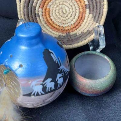 Blackhorse navajo pottery coiled tray & other signed pieces