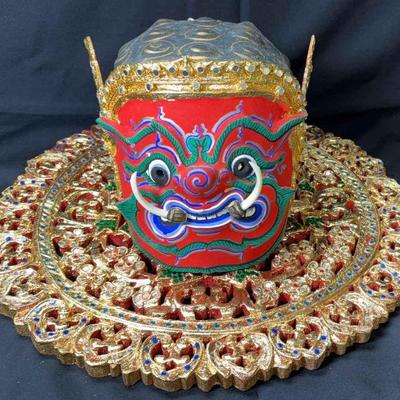 Thai kohn ogre mask carved wood medallion