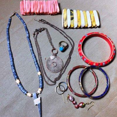 Heishi blue denim necklace cloisonné & expansion bracelets