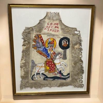 Ethiopian painting on goat skin st george slaying the drag