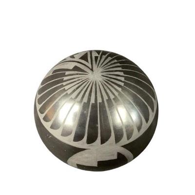 BEBO612 Signed Santa Clara Pueblo, Black Pottery	Signed by Margaret Garcia. Sphere shaped black pottery with grey design.
