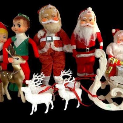 BEBO229 1950’s Christmas Collectibles	Vintage Santa's and Elf's, some are made in Japan. Sleigh with rain deer, sleigh does...