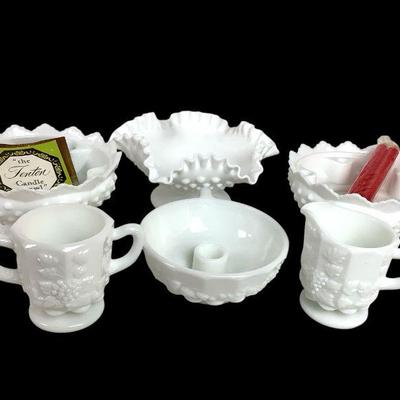 DOPA638 Vntg Westmoreland And Fenton Milk Glass	This lot includes vintage westmoreland paneled grape cream and sugar set with...