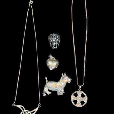 BEBO906 Celtic Style Sterling Silver Necklaces With Pendants, Locket, Brooch, And Ring	Measurements are approximately 15.5-17.5 inches...