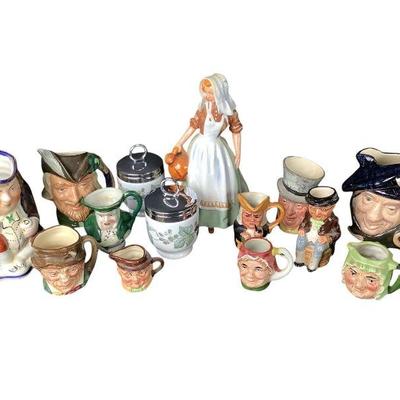 BEBO617 Vntg Antique Royal Doulton, Mini “Tobi” Mugs And More	This lot includes a retired Royal Doulton milk made figurine, various tobi...