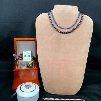 TEWA203 Sterling Jewelry & More	Small jewelry box with assortment of pieces. Sterling bracelet with pink links stamped 925. White...
