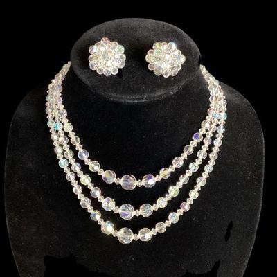 CT540 Vintage Clear Aurora Borealis AB Crystal Graduated Bead Triple Strand Necklace And Earrings	1950's 3-strand necklace with...