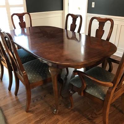 Queen Anne style dining table and six chairs $599
table 44 X 44X 30; two 15" leaves $599