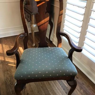 Queen Anne style dining table and six chairs $599
table 44 X 44X 30; two 15" leaves $599