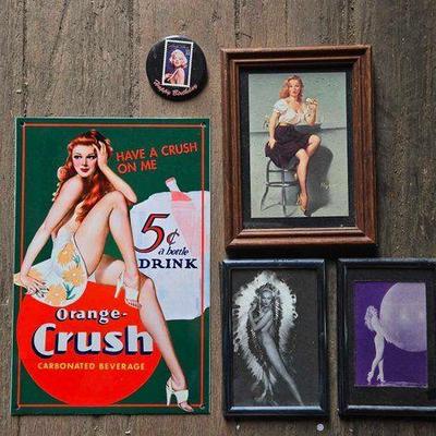 #10610 • Metal Sign, Pin and Pictures of Pin Up Girls
