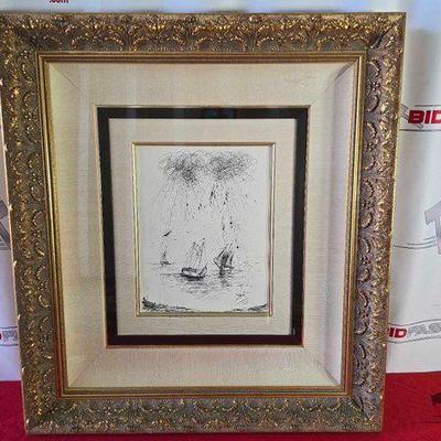 #2100 • "Three Boats" Signed Salvadore Dali Framed Artwork
