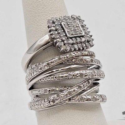 #912 • Sterling Silver Diamond Cluster Ring & Stacked Ring, 11.98g
