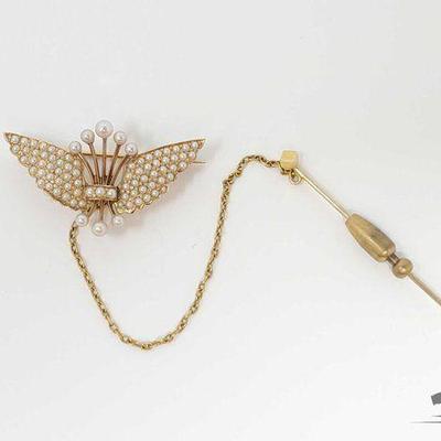 #744 • 14k Yellow Gold Winged Pin with Pearls, 6g
