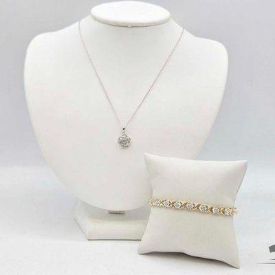 #914 • Sterling Silver Diamond Tennis Bracelet & Spiral Pendant Necklace,...

