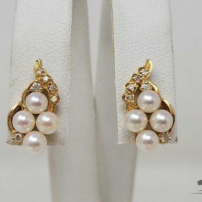 #729 • 14k Yellow Gold Pearl & Diamond Earrings, 3g
