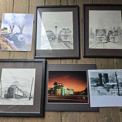 #10004 • (3) Framed Train Artwork, (2) Train Photos & Street Photo
