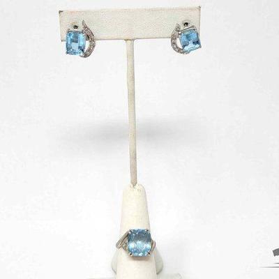 #708 • 14K White Gold Diamond & Aqua Ring & Earring Set, 11g
