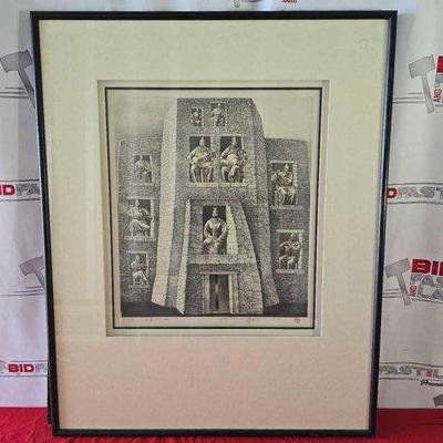 #2112 • "Stone Fortress No 5" Signed Zhang Minjie Framed Artwork
