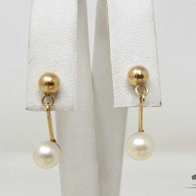 #731 • 14k Yellow Gold Dangle Pearl Earrings, 2g
